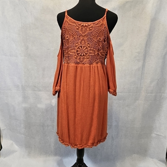 Miami Cold Shoulder Crocheted Orange Dress Cotton Rayon Size M - Picture 3 of 7